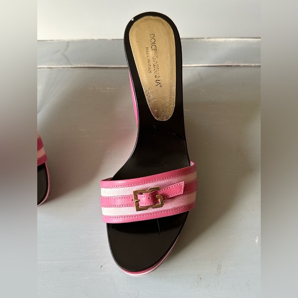 Dolce & Gabbana - Vintage Pink Canvas/Calf-Skin Leather Wedge Sandals - Picture 6 of 8